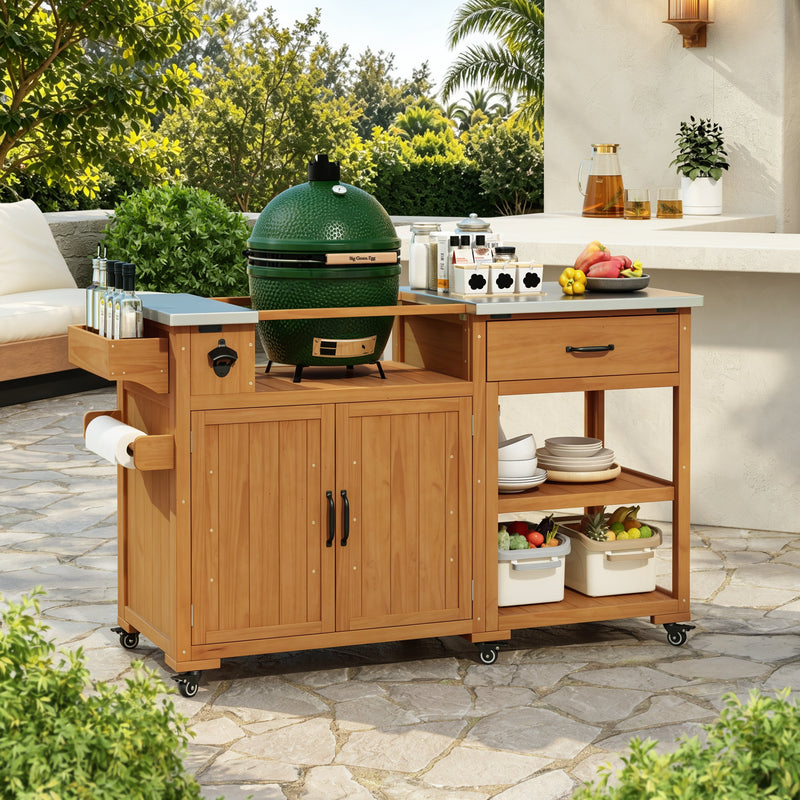 TOPMAX 55.4" Outdoor Solid Wood Kitchen Cart, Stainless Top Grill Cart, Kitchen Island with Spice Rack, Drawer, Adjustable Shelves and 4 Door Racks  for Patio, Deck, photo 4 of 10