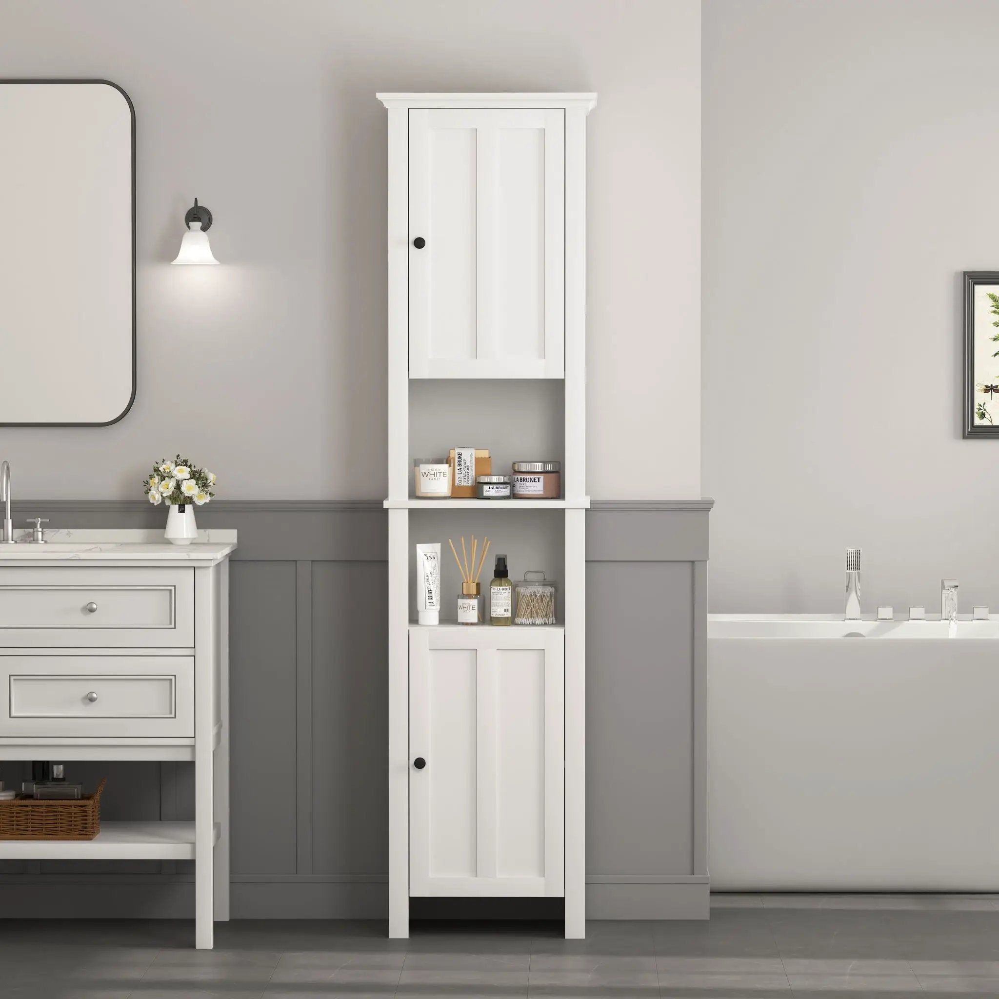 Wooden Bathroom Floor Storage Cabinet With 2 Doors And 6 Shelves - White by HouseOfZazla
