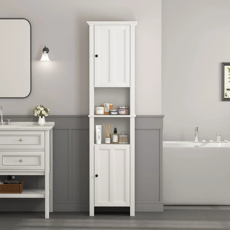 Wooden Bathroom Floor Storage Cabinet With 2 Doors And 6 Shelves - White by HouseOfZazla