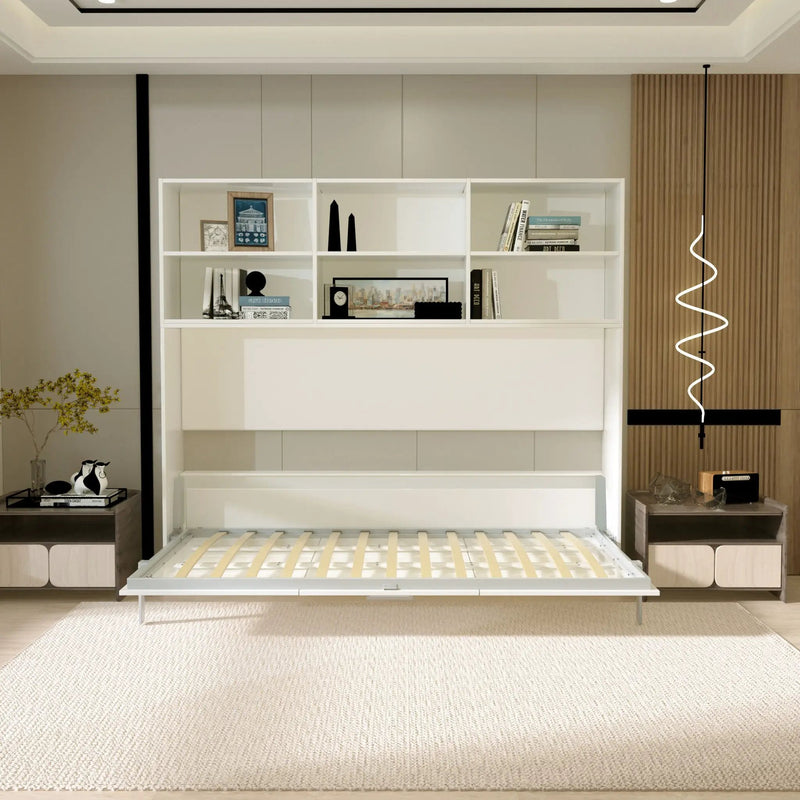 Mordern Design Twin Size Horizontal Murphy Bed With Shelf Storage For Bedroom Or Guestroom Wall Bed Space Saving Hidden Bed With New Style Gas Struts - White by HouseOfZazla