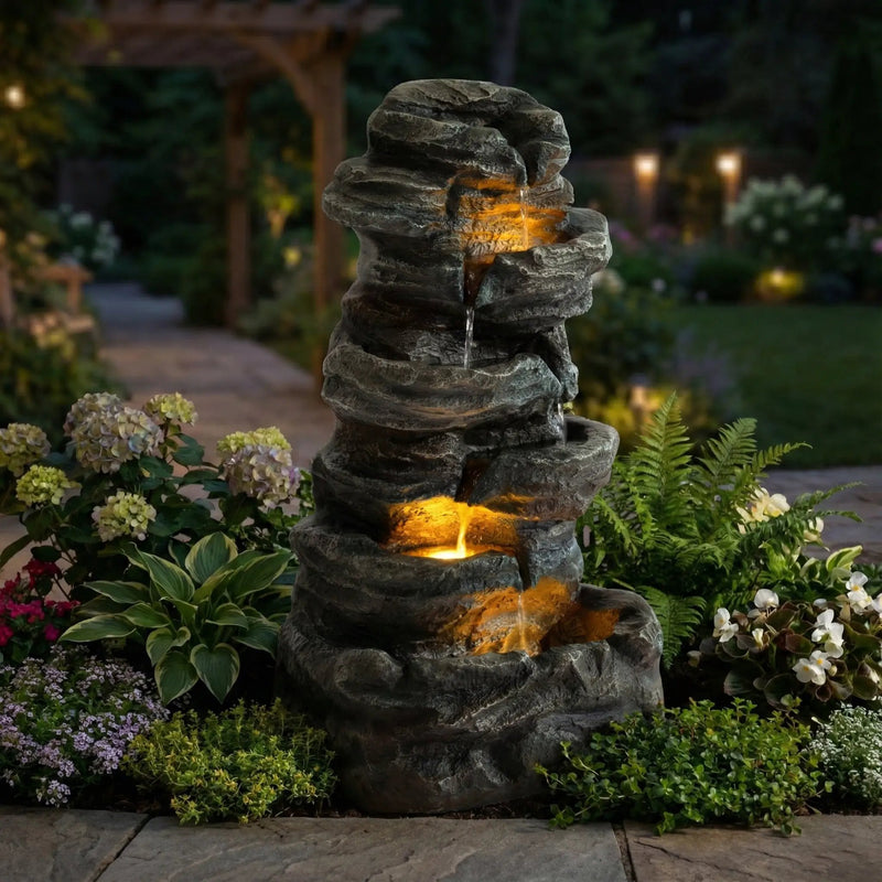 6-Tier Outdoor Cascading Stone Water Fountain with 3 LED Lights by HouseOfZazla