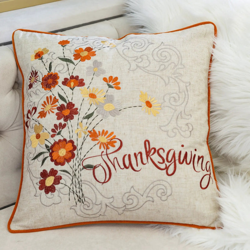 Thanksgiving Embroidered Floral Throw Pillow by HouseOfZazla