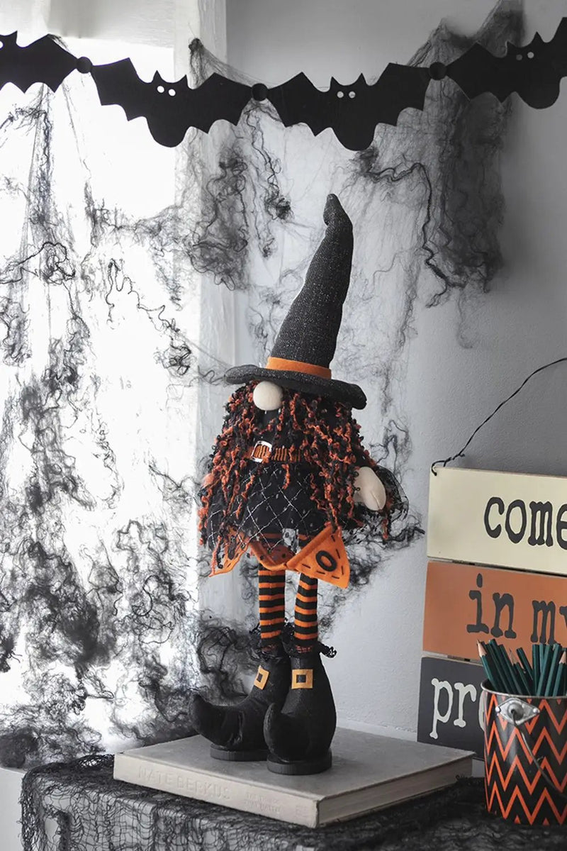Standing Gnome With Banner & Spring Body, For Halloween Decor - Black / Orange / White by HouseOfZazla