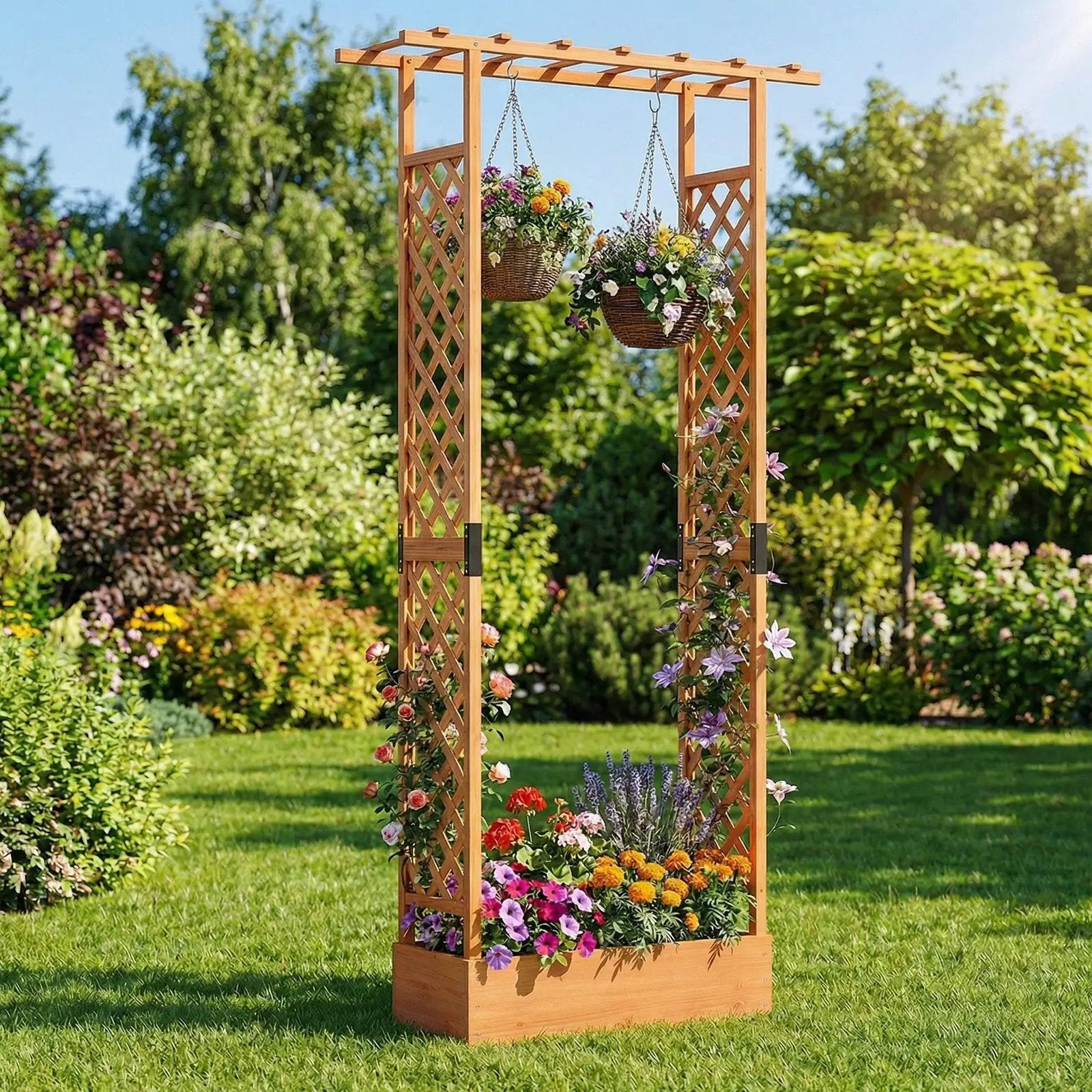 89 Inch Tall Wooden Raised Garden Bed with Side Trellis and Hanging Roof Drainage Holes by DirectDeals