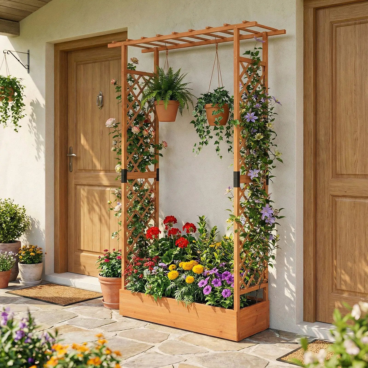 89 Inch Tall Wooden Raised Garden Bed with Side Trellis and Hanging Roof Drainage Holes by DirectDeals