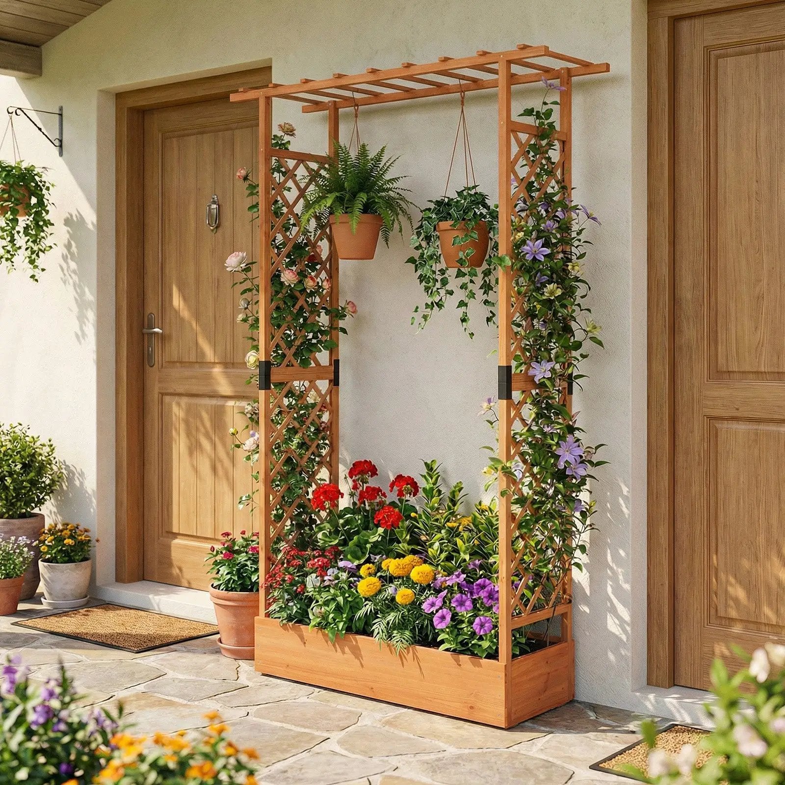 89 Inch Tall Wooden Raised Garden Bed with Side Trellis and Hanging Roof Drainage Holes by DirectDeals