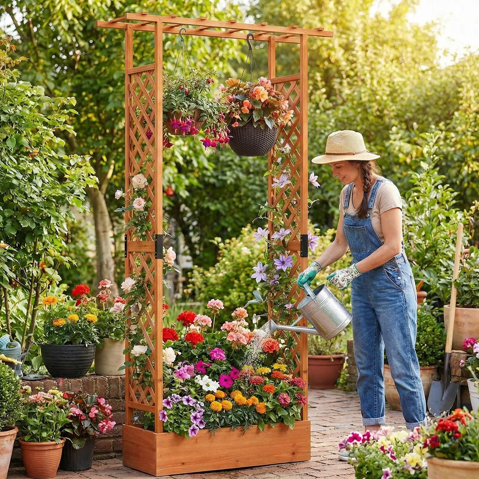 89 Inch Tall Wooden Raised Garden Bed with Side Trellis and Hanging Roof Drainage Holes by DirectDeals