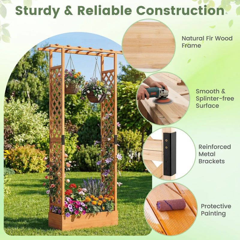 89 Inch Tall Wooden Raised Garden Bed with Side Trellis and Hanging Roof Drainage Holes by DirectDeals