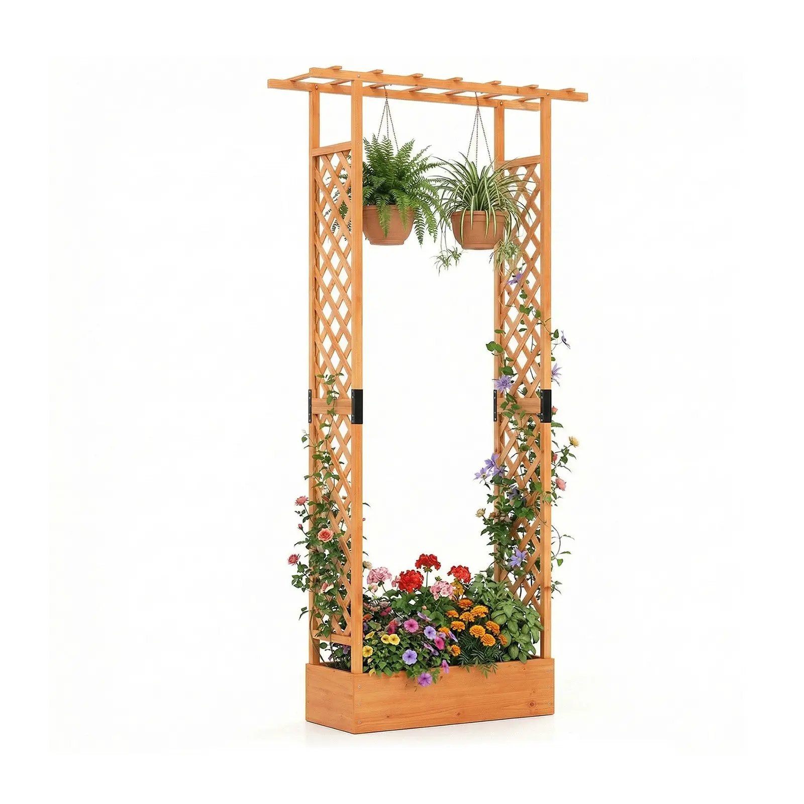 89 Inch Tall Wooden Raised Garden Bed with Side Trellis and Hanging Roof Drainage Holes by DirectDeals