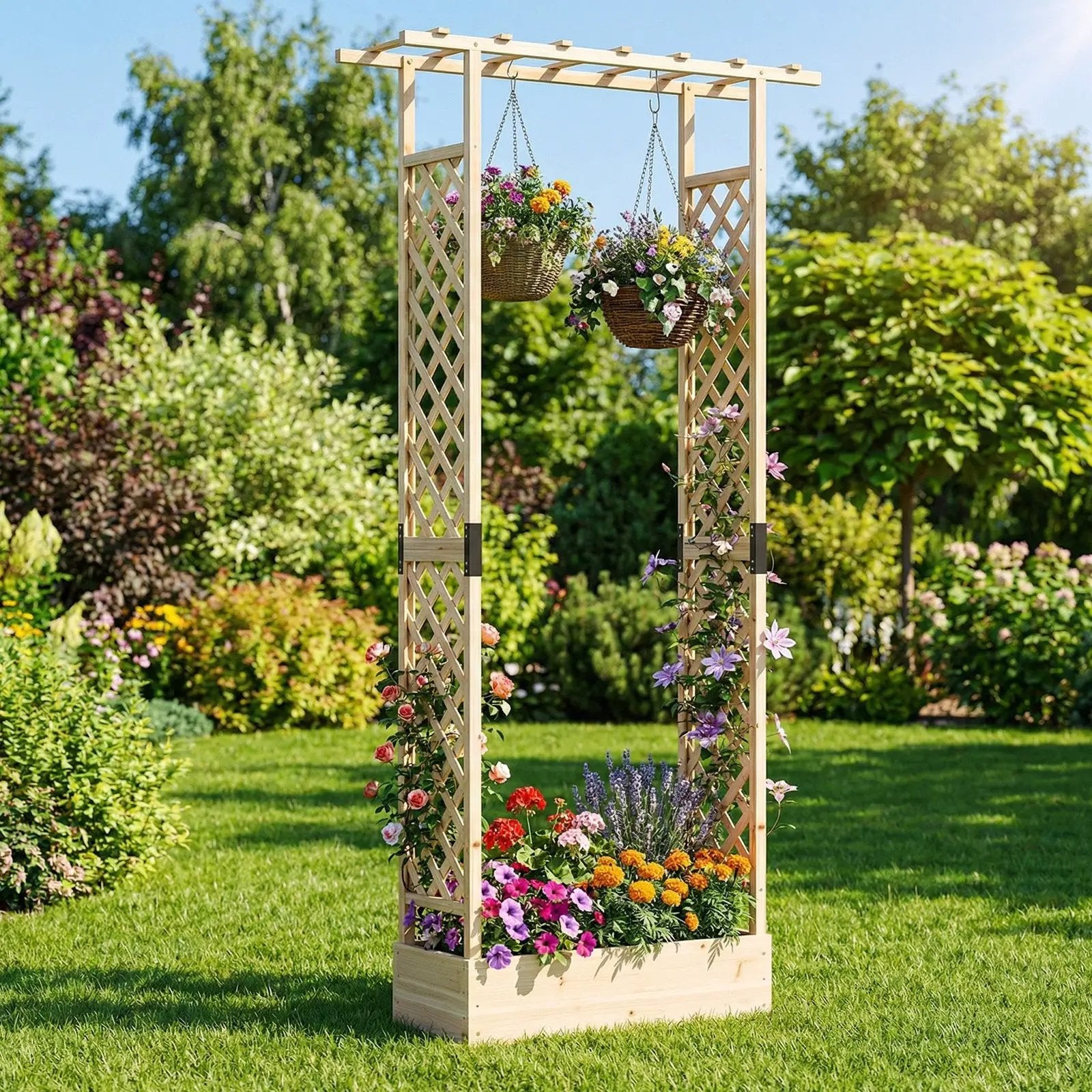89 Inch Tall Wooden Raised Garden Bed with Side Trellis and Hanging Roof Drainage Holes by DirectDeals