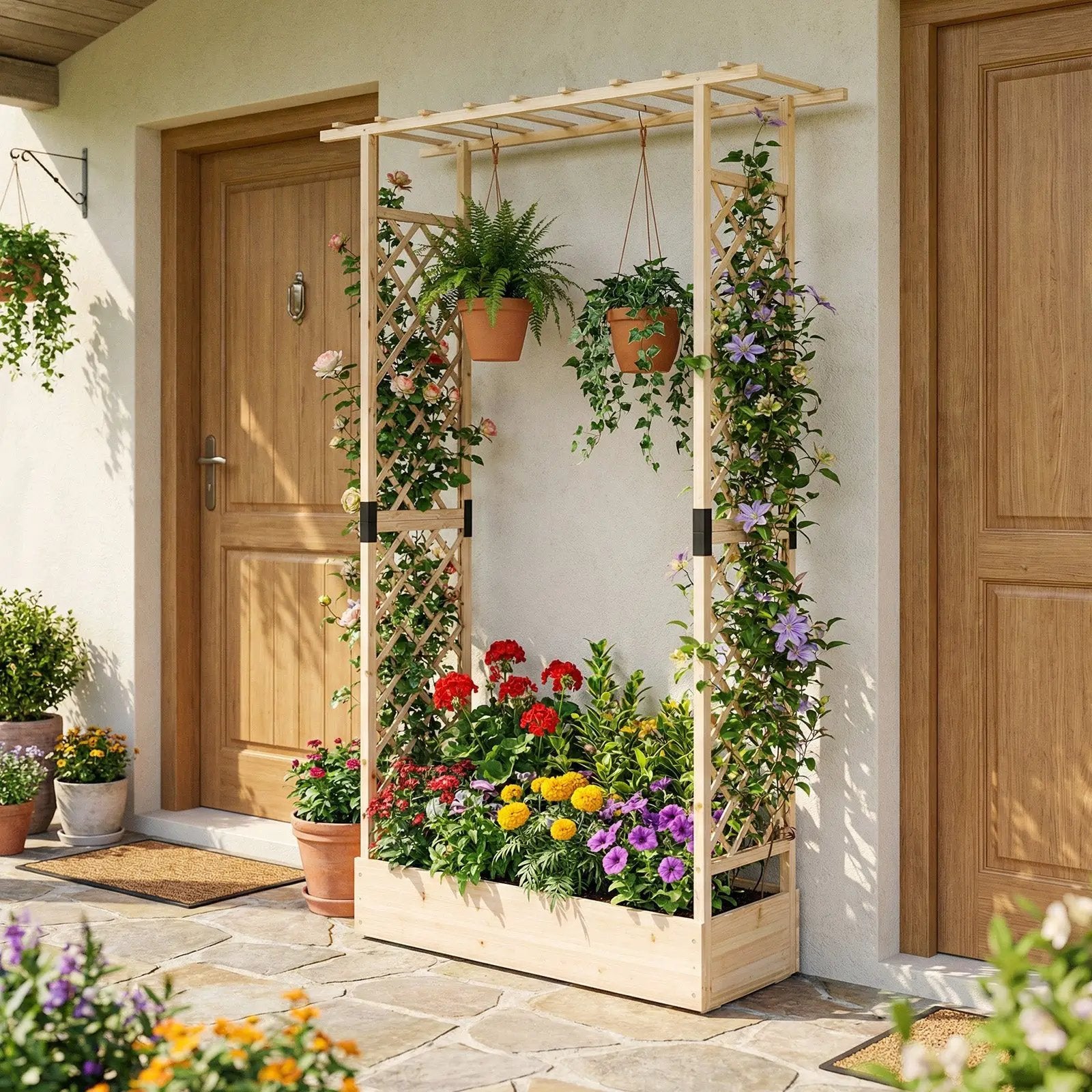 89 Inch Tall Wooden Raised Garden Bed with Side Trellis and Hanging Roof Drainage Holes by DirectDeals