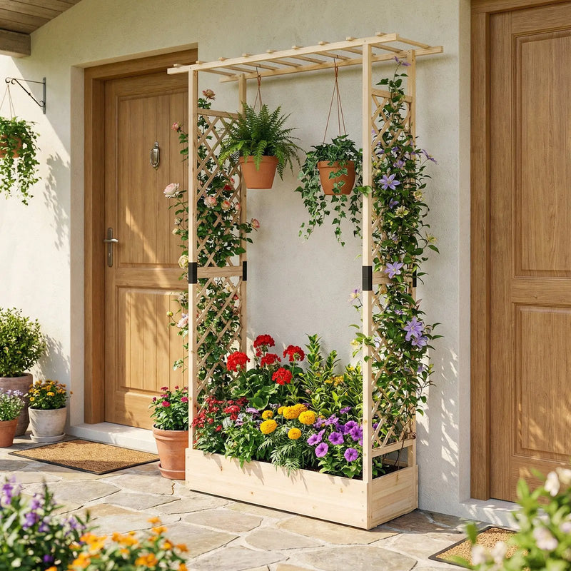 89 Inch Tall Wooden Raised Garden Bed with Side Trellis and Hanging Roof Drainage Holes by DirectDeals