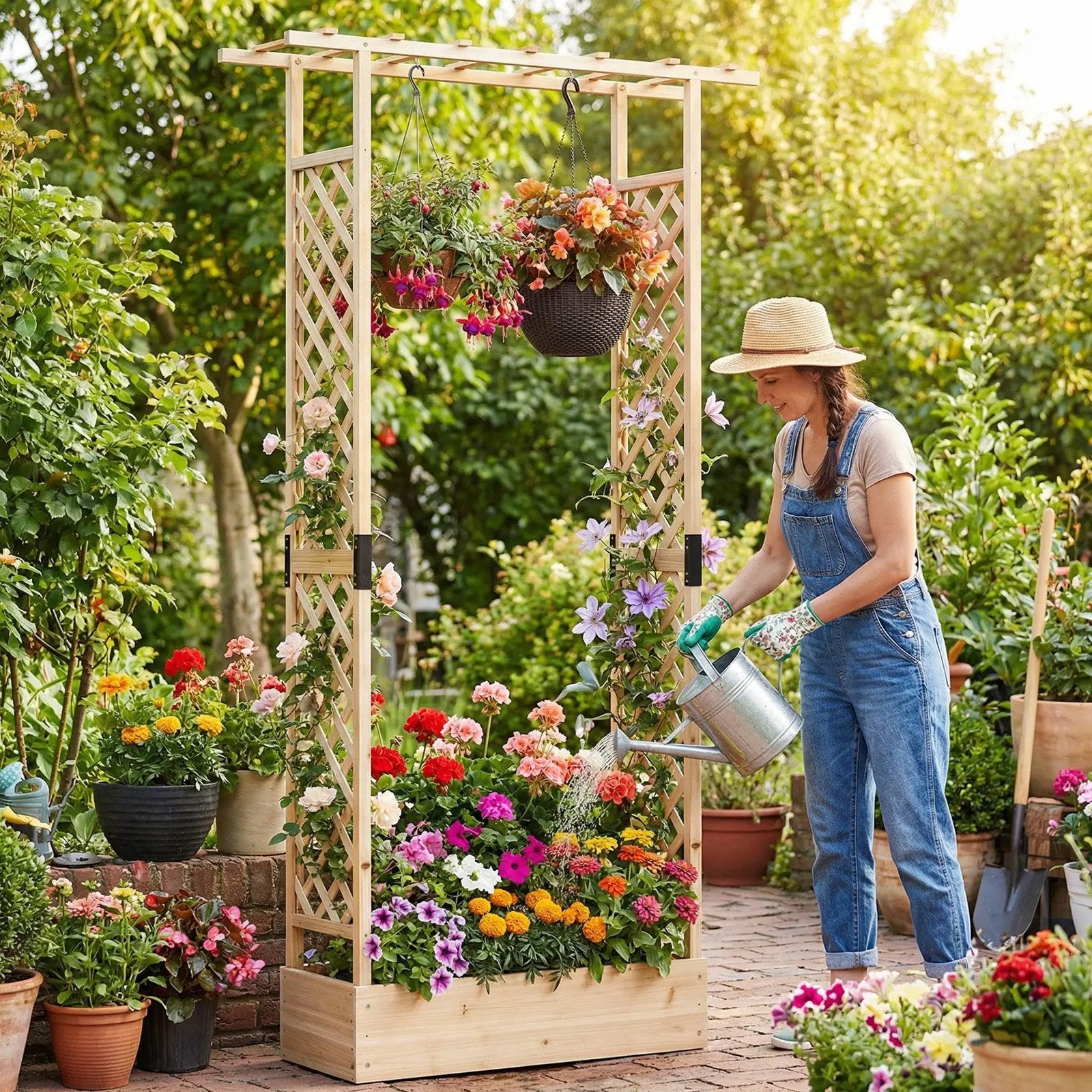 89 Inch Tall Wooden Raised Garden Bed with Side Trellis and Hanging Roof Drainage Holes by DirectDeals