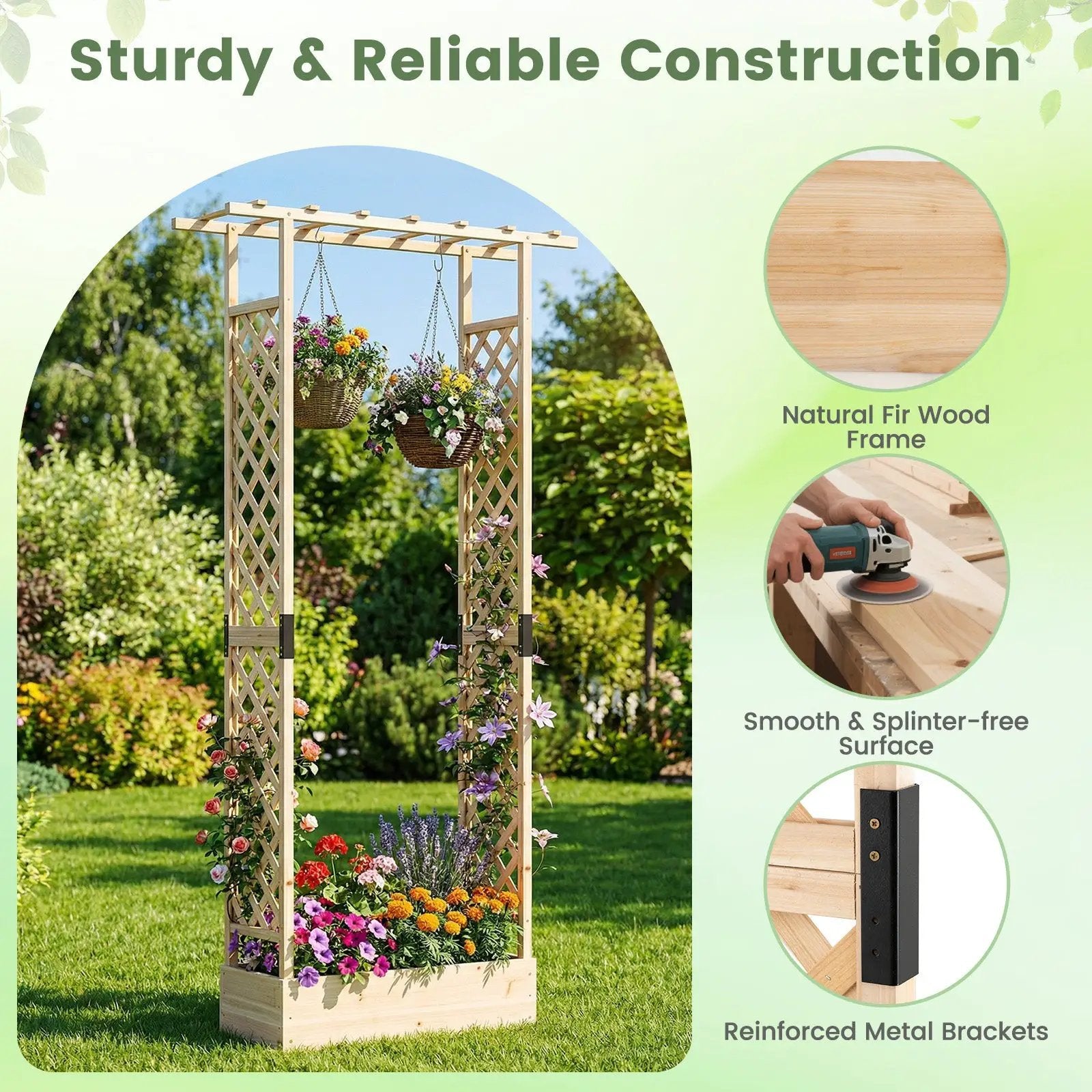 89 Inch Tall Wooden Raised Garden Bed with Side Trellis and Hanging Roof Drainage Holes by DirectDeals