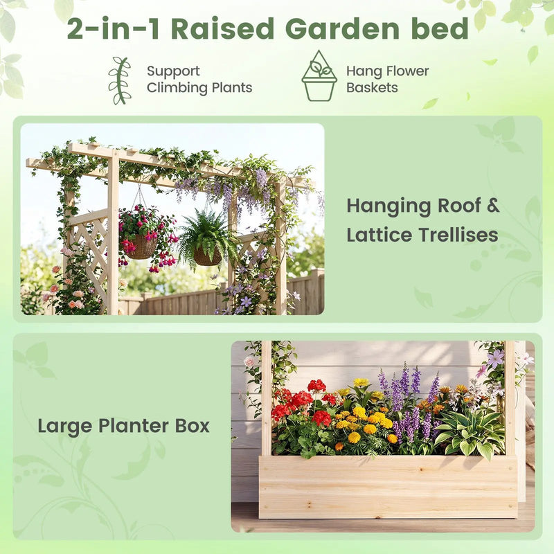 89 Inch Tall Wooden Raised Garden Bed with Side Trellis and Hanging Roof Drainage Holes by DirectDeals