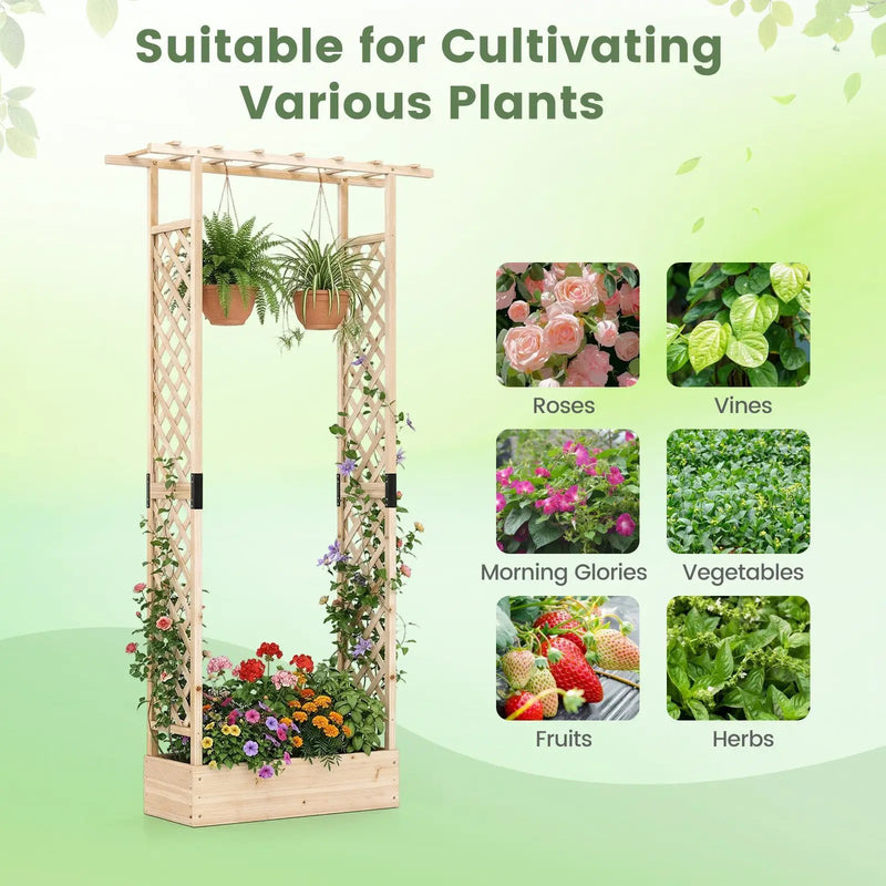 89 Inch Tall Wooden Raised Garden Bed with Side Trellis and Hanging Roof Drainage Holes by DirectDeals