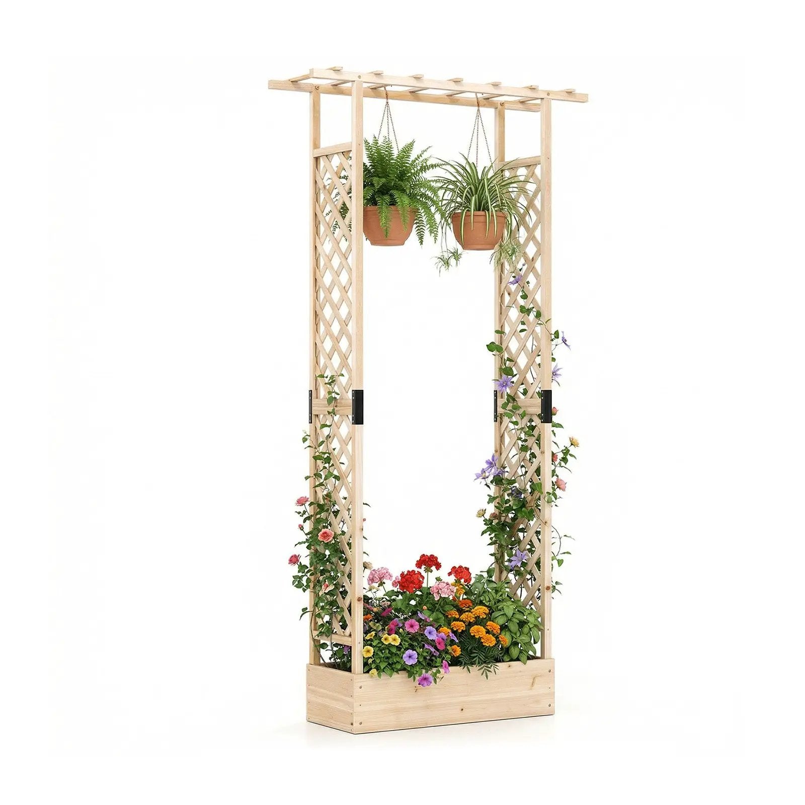 89 Inch Tall Wooden Raised Garden Bed with Side Trellis and Hanging Roof Drainage Holes by DirectDeals