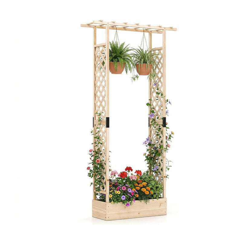 89 Inch Tall Wooden Raised Garden Bed with Side Trellis and Hanging Roof Drainage Holes by DirectDeals