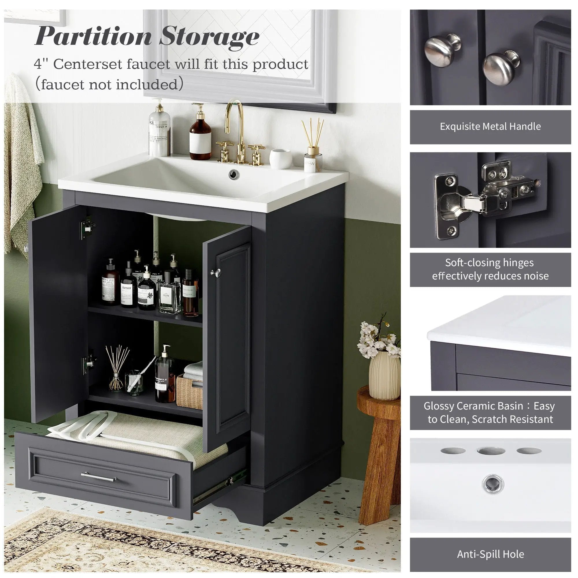 Bathroom Vanity With Ceramic Sink Combo, Modern Freestanding Storage Cabinet With Silver Handles by HouseOfZazla