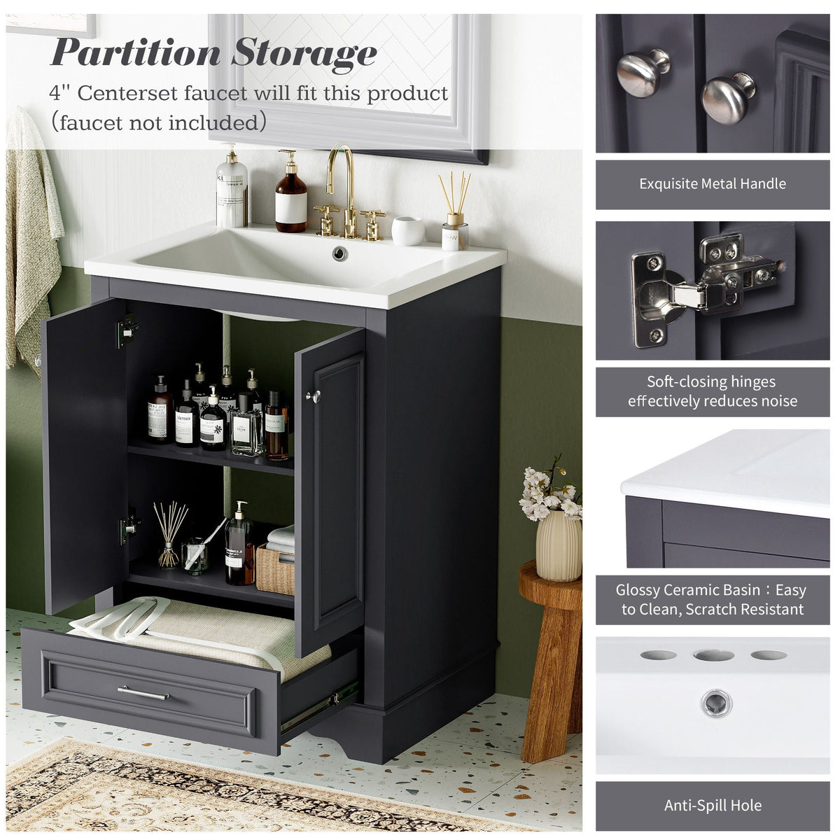 Modern Bathroom Vanity with Ceramic Sink Combo and Storage Cabinet - Multiple Colors, photo 35 of 40