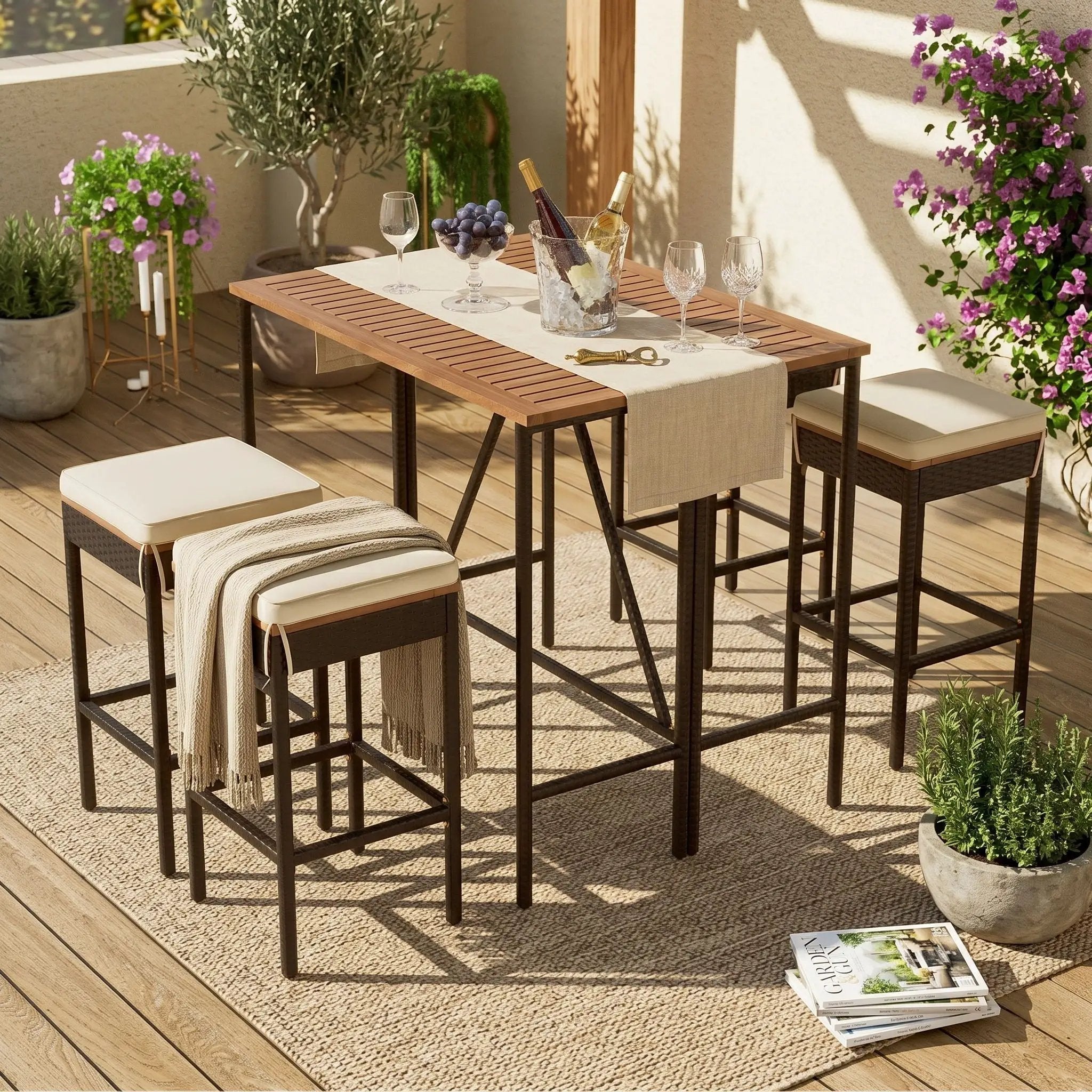 Outdoor Acacia Wood Bar Height Table And Eight Stools With Cushions by Unique Piece Furniture