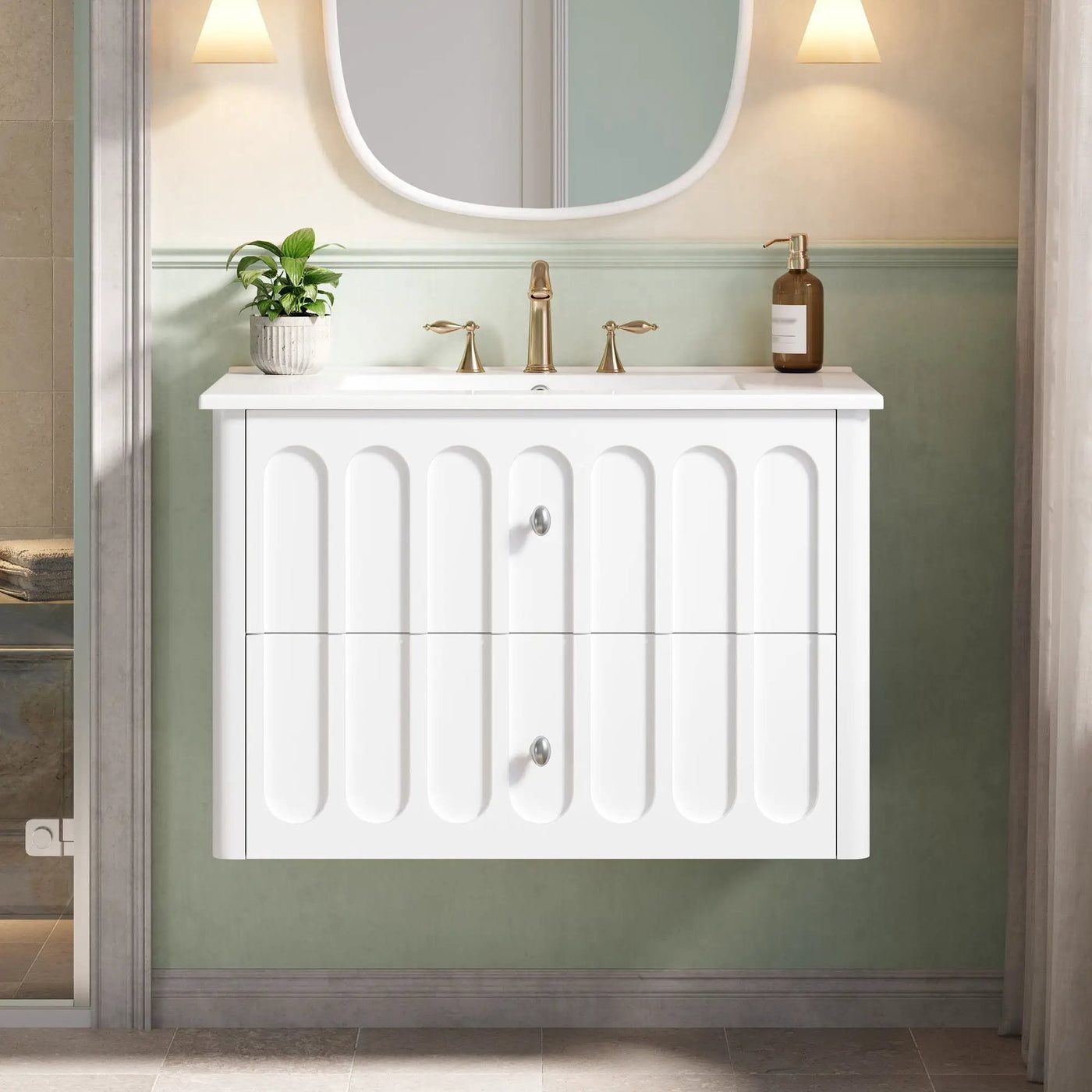 Floating Bathroom Vanity With Oval Knobs & Round Edge, Soft Close Drawer Slides by HouseOfZazla