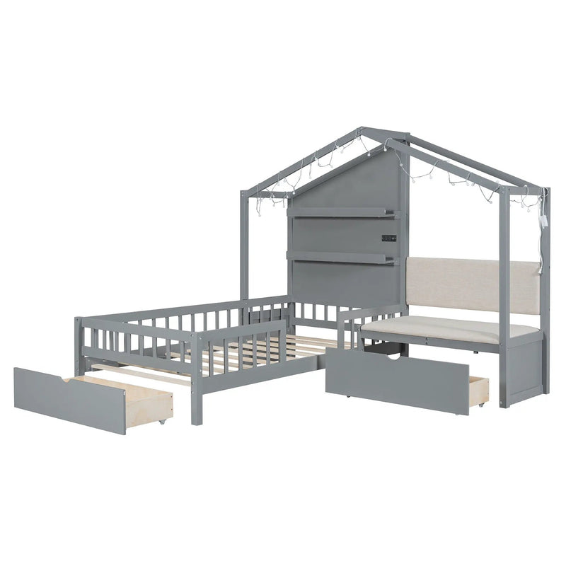 House Bed With Upholstered Sofa, Wireless Charging Station, Shelves And 2 Drawers by Unique Piece Furniture