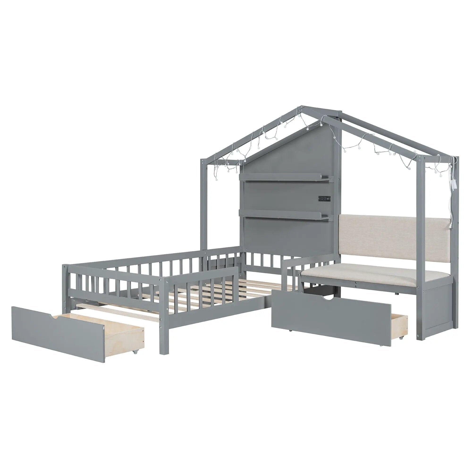 House Bed With Upholstered Sofa, Wireless Charging Station, Shelves And 2 Drawers by HouseOfZazla