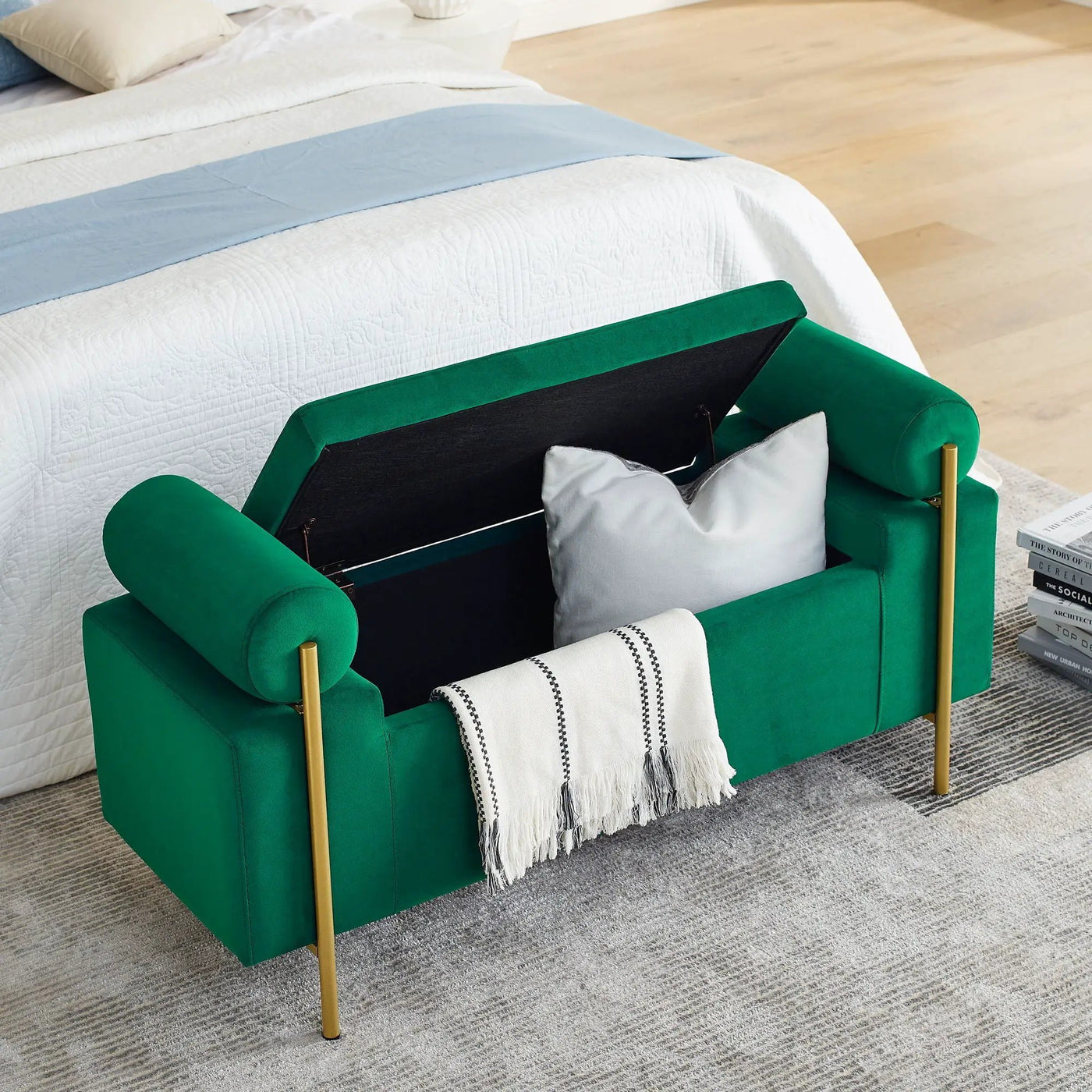 Elegant Upholstered Storage Bench With Cylindrical Arms And Iron Legs, by HouseOfZazla