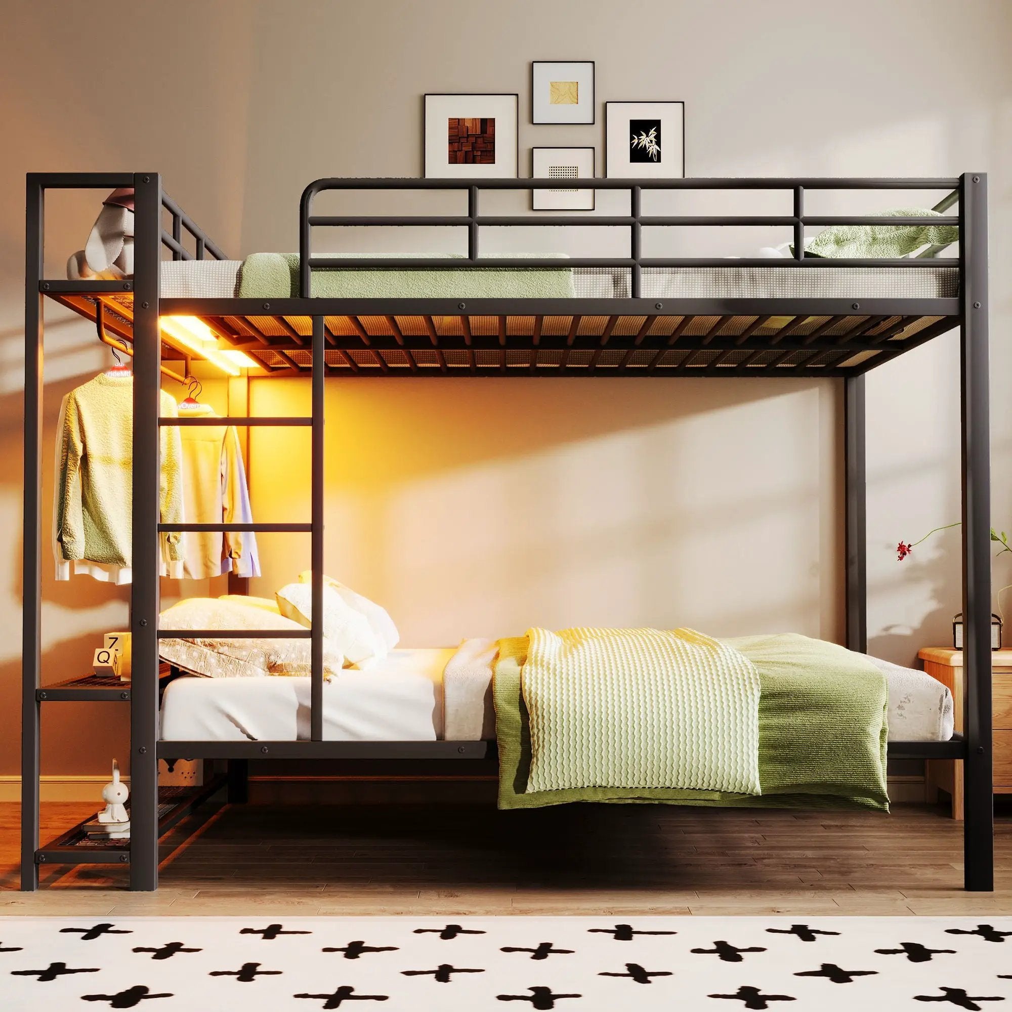 Bunk Bed With Storage Shelves, Clothes Hooks, LED Light by Unique Piece Furniture
