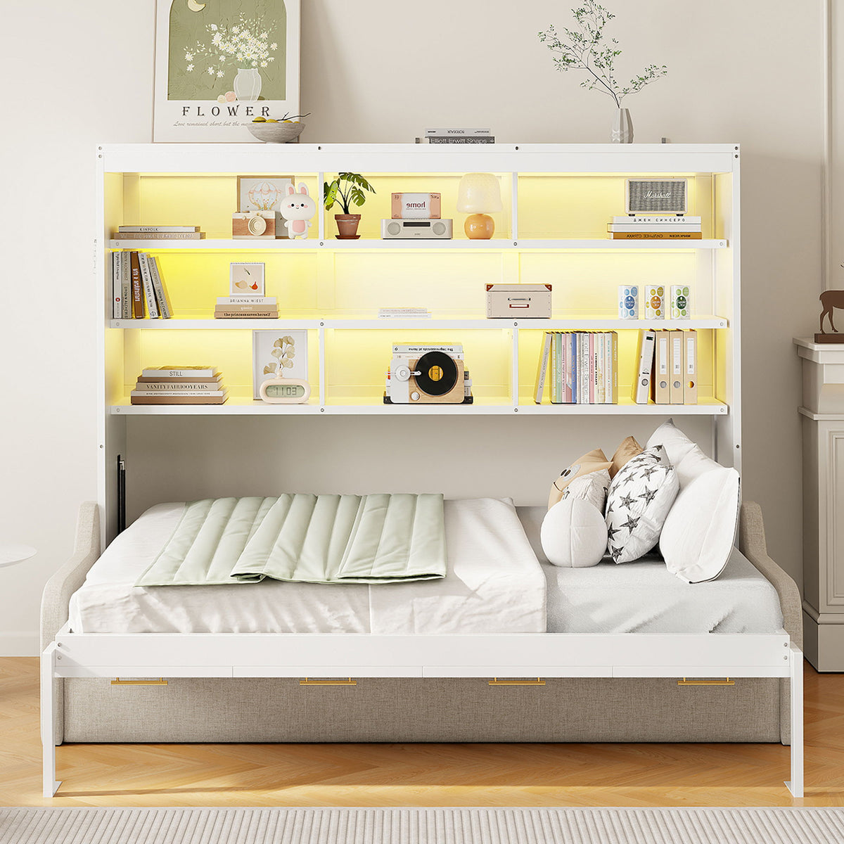 Murphy Cabinet Bed with Folding Sofa and Storage Shelves - Beige, photo 8 of 14