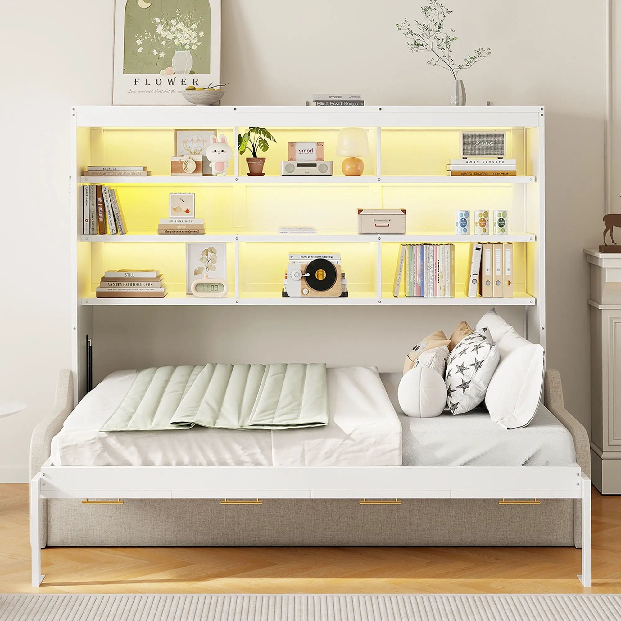 Murphy Cabinet Bed With Folding Sofa, Built In Storage Shelves And LED Light by Unique Piece Furniture