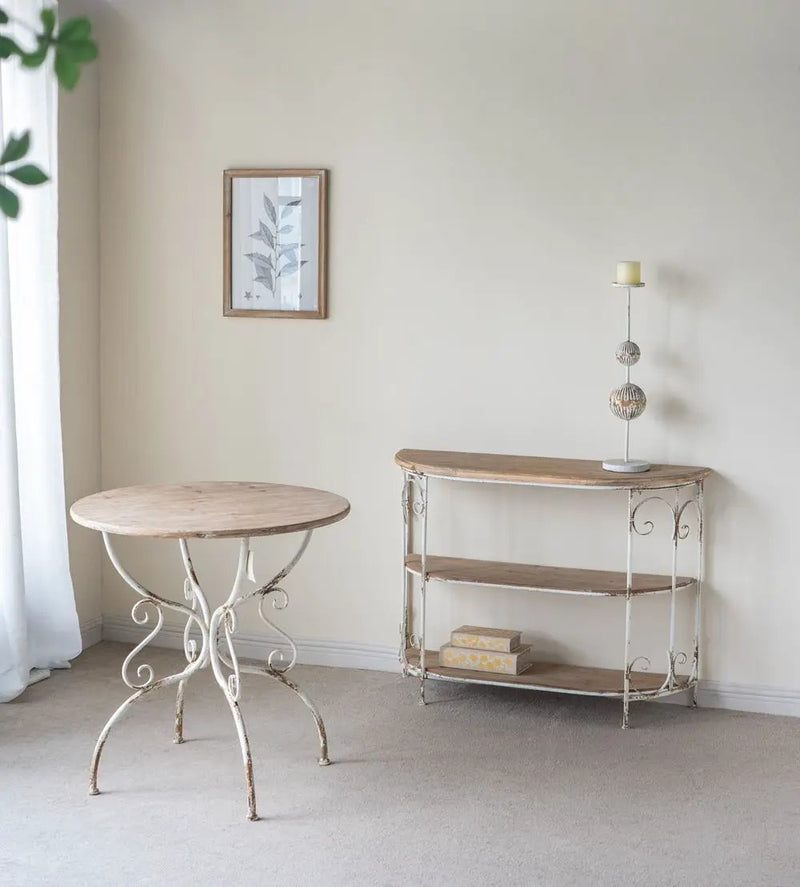 Round Wooden Table With Metal Scrollwork Legs - White Washed by HouseOfZazla