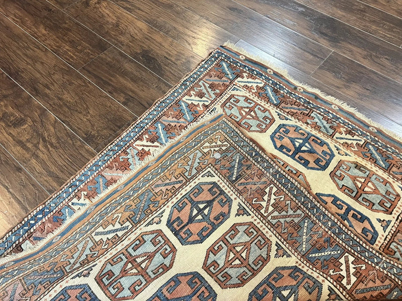 Turkish Kazak Rug 3x4, Wool Hand Knotted Handmade Vintage Carpet, Geometric Tribal Repeated Motif, Small 3 x 4 Antique Rug, Cream Red by Jewel Rugs