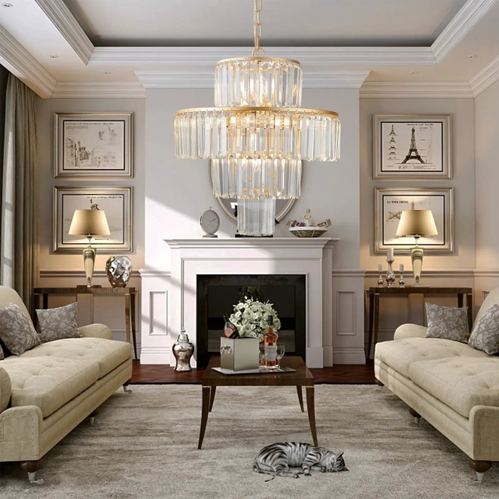 (Same as W1340126461/L5023) 20' Luxury 4-Tier Crystal Chandelier, 12-Light Gold Frame Pendant Light, Elegant Ceiling Lighting for Living Room, Dining Room, Bedroom (No Bulbs) by HouseOfZazla