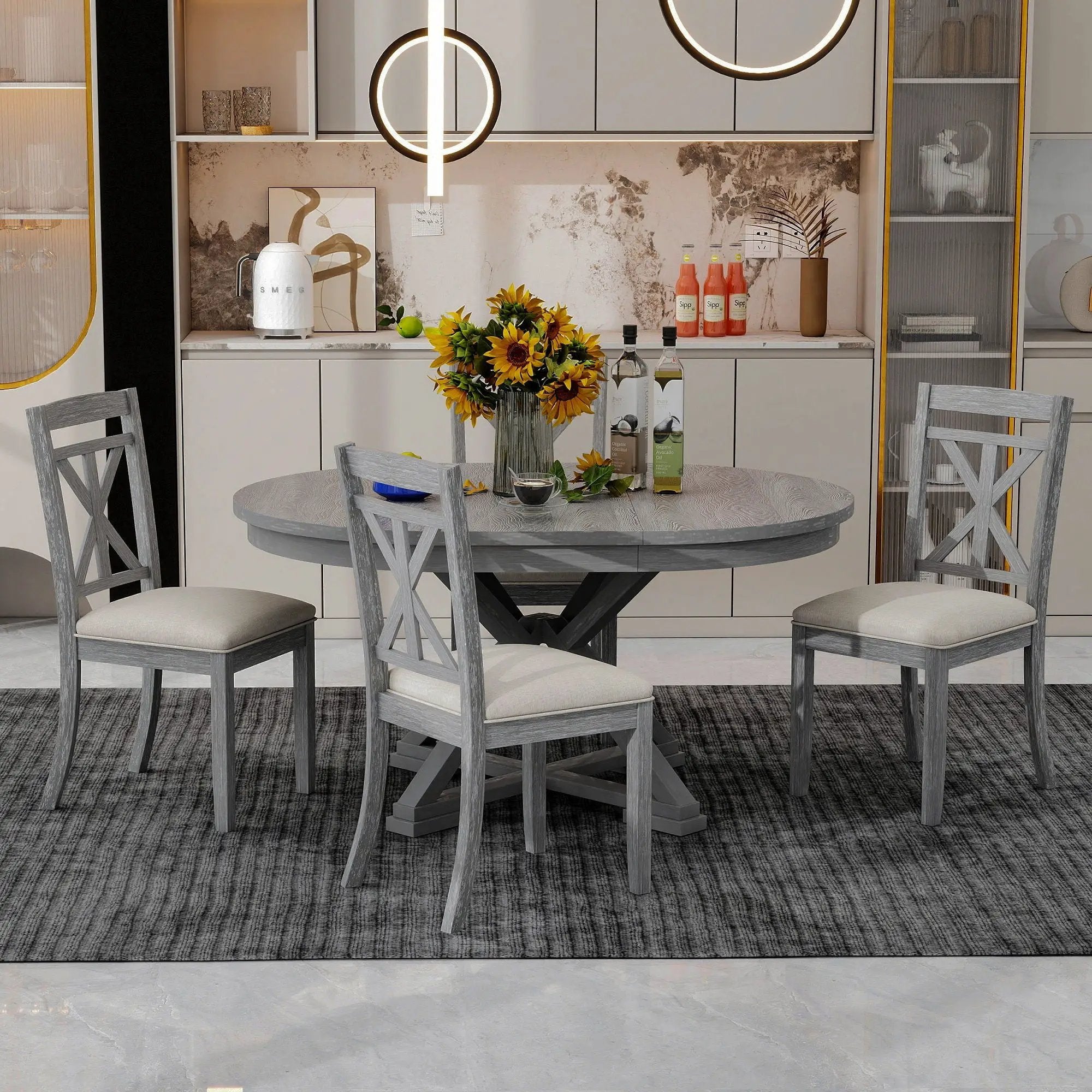Dining Set With Extendable Round Table And 4 Upholstered Chairs by HouseOfZazla