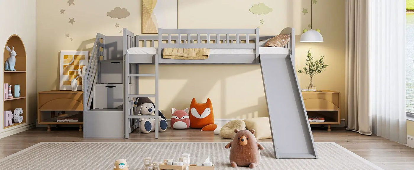 Loft Stairway Bed With 2 Drawers, Convertible Ladder And Slide by HouseOfZazla