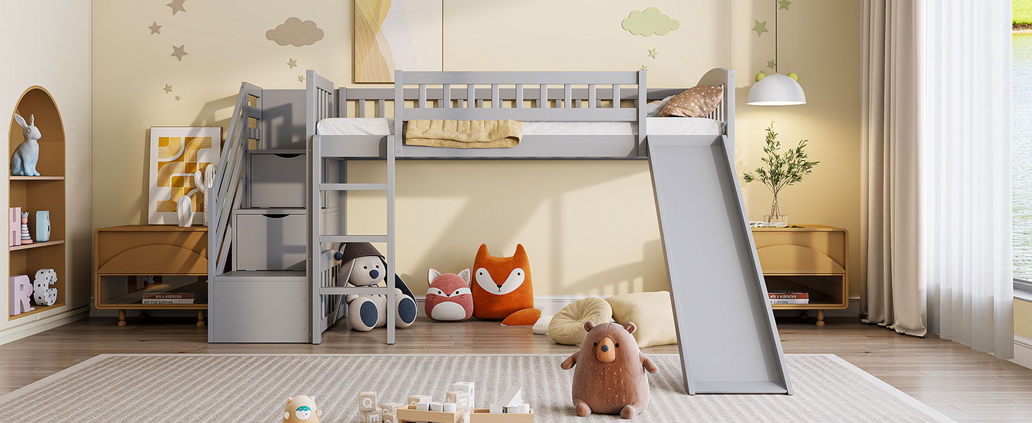 Loft Stairway Bed With 2 Drawers, Convertible Ladder And Slide by HouseOfZazla
