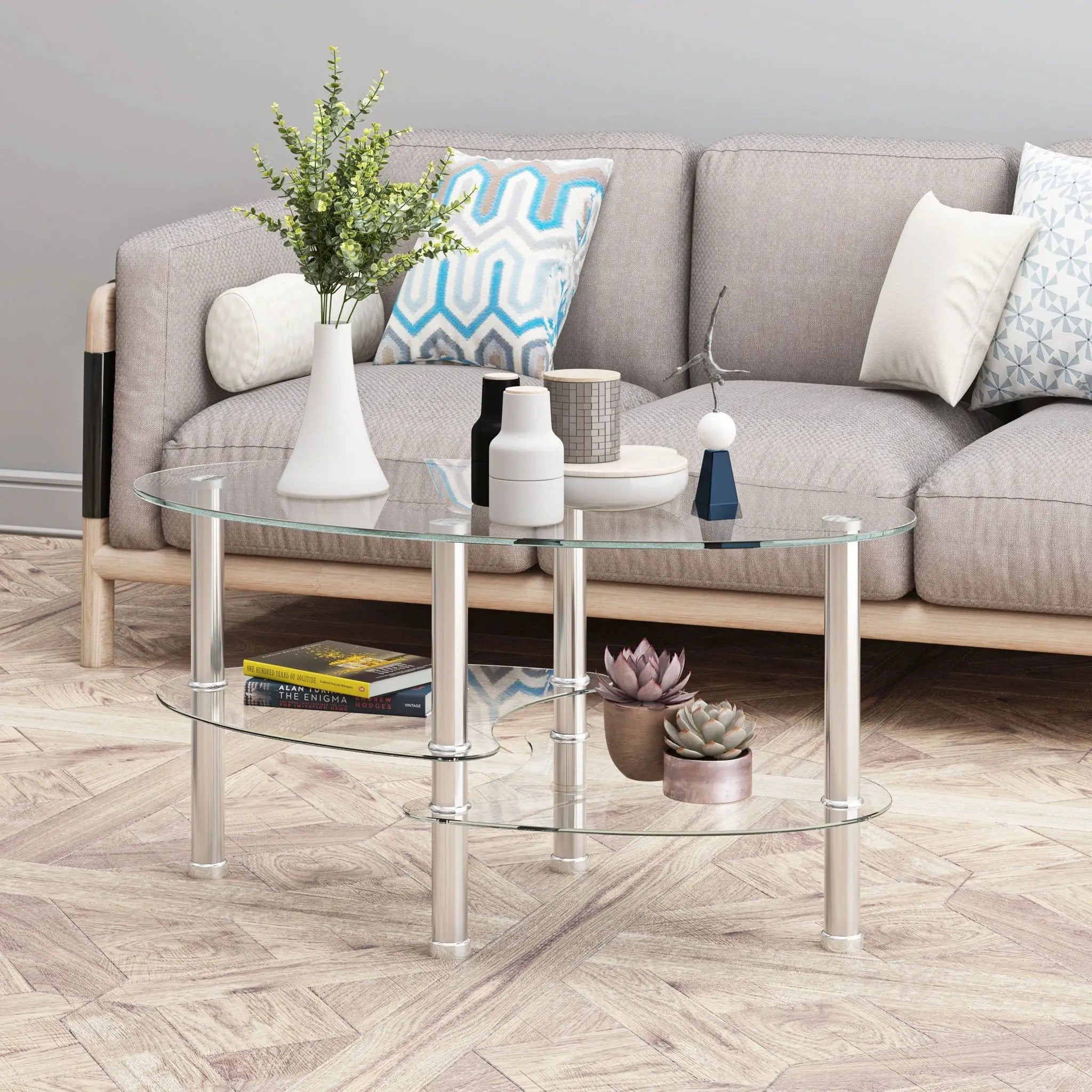 Transparent Oval Glass Coffee Table, Modern Table In Living Room Oak Wood Leg Tea Table 3-Layer Glass Table by Unique Piece Furniture