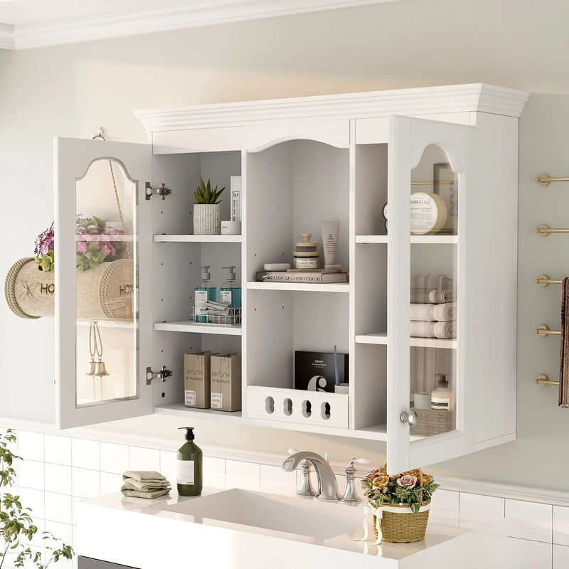 Wall-Mounted Medicine Cabinet With 2 Glass Doors, Adjustable Shelves - White by Unique Piece Furniture