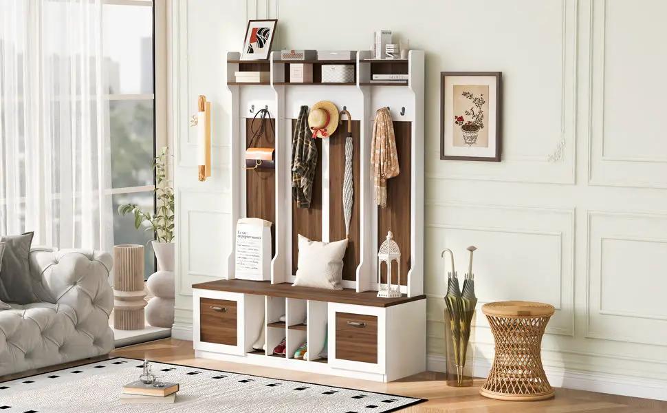 5 In 1 Entryway Bench With Coat Rack, 7 Sturdy Hooks, 2 Spacious Drawers And Adjustable Shelves by HouseOfZazla