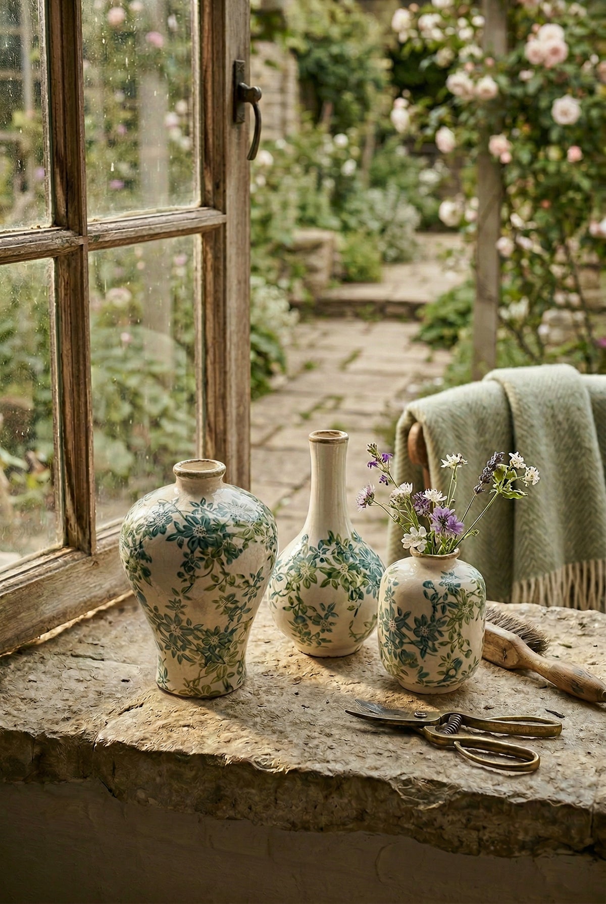 Set of 3 Floral Ceramic Vases with Crackled Ivory Finish - Green Floral Design, photo 7 of 8