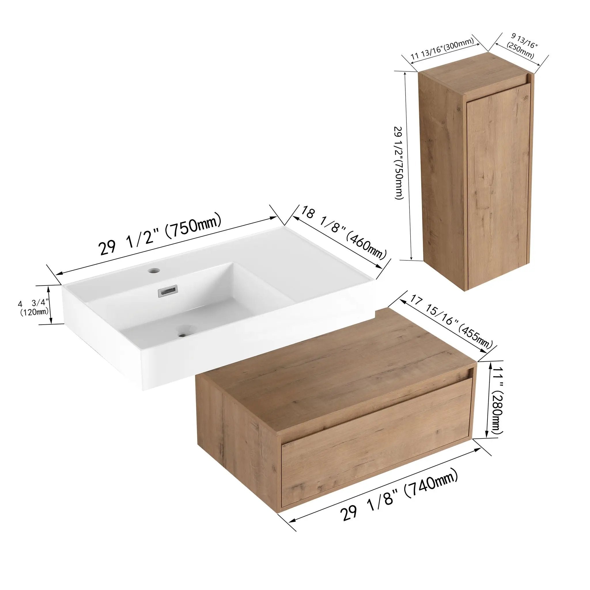 Modern Wall Mounted Bathroom Vanity With Resin Sink And Side Cabinet, Soft Close Drawer, Imitative - Imitative Oak by Unique Piece Furniture