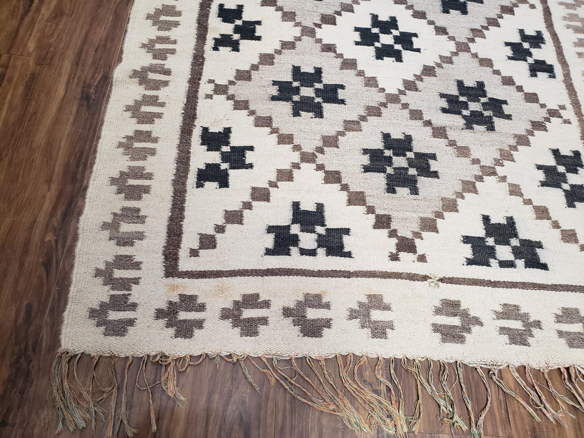 Semi Antique South American Blanket 4x8, Wool Hand-Woven Flatweave Kilim Rug, Handmade Antique Vintage Runner, Ivory & Blue, Diamond Panel by Jewel Rugs