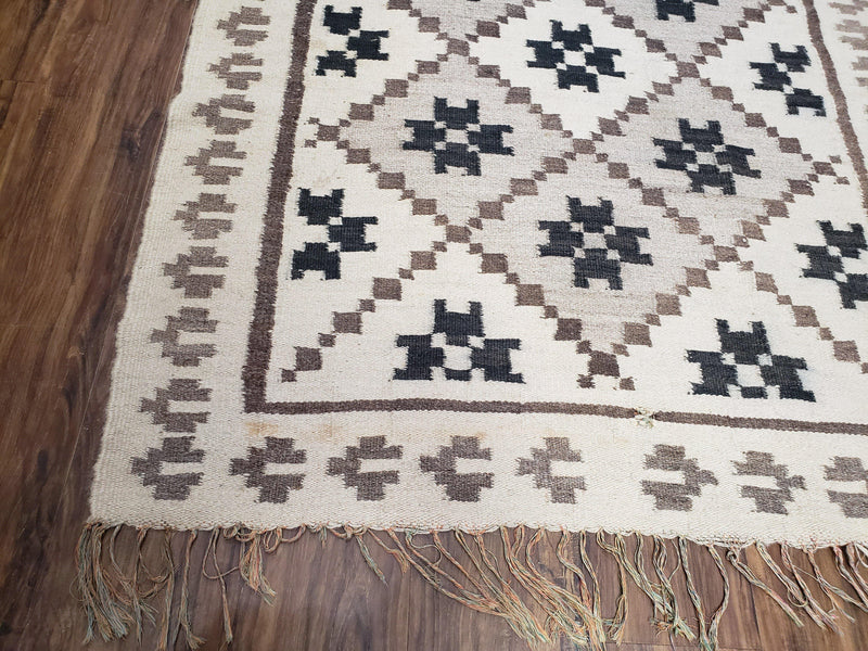 Semi Antique South American Blanket 4x8, Wool Hand-Woven Flatweave Kilim Rug, Handmade Antique Vintage Runner, Ivory & Blue, Diamond Panel by Jewel Rugs