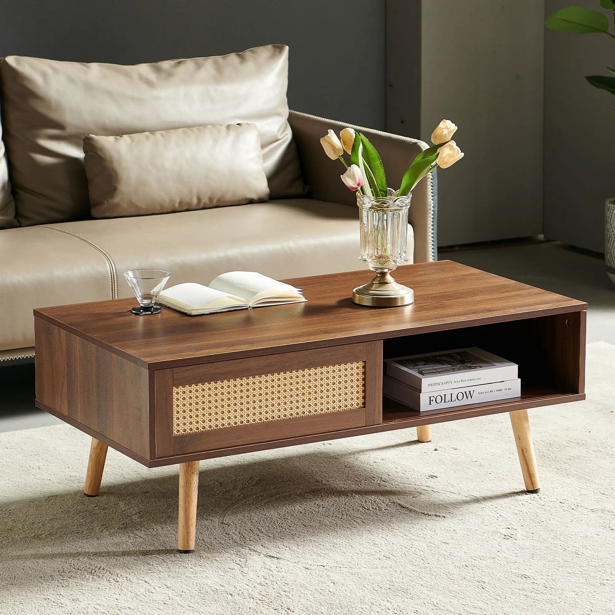 41.34" Rattan Coffee Table, Sliding Door For Storage, Solid Wood Legs, Modern Table For Living Room by Unique Piece Furniture