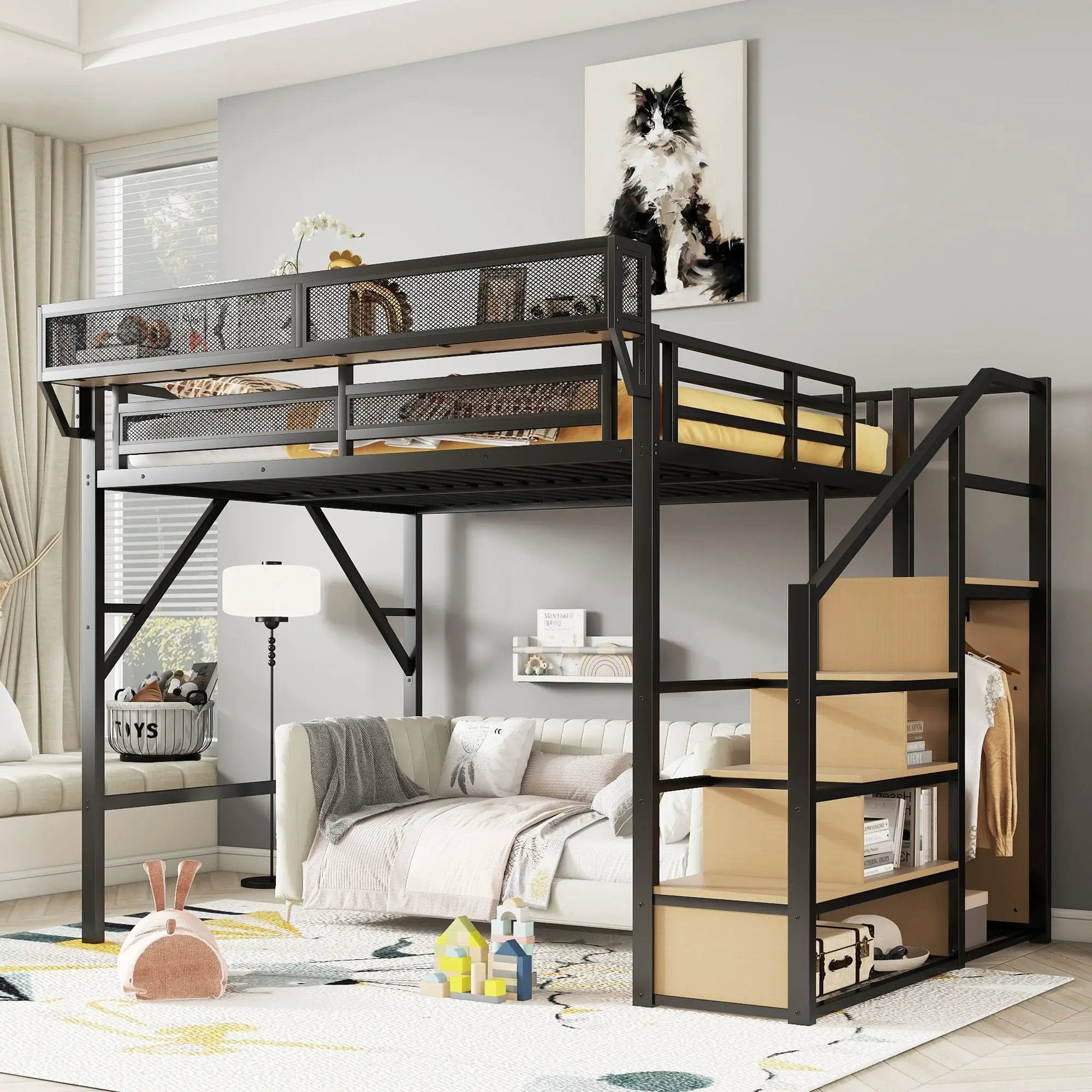 Queen Size Loft Bed & Stairs, Storage Shelves, Wardrobe - Black / Wood by Unique Piece Furniture