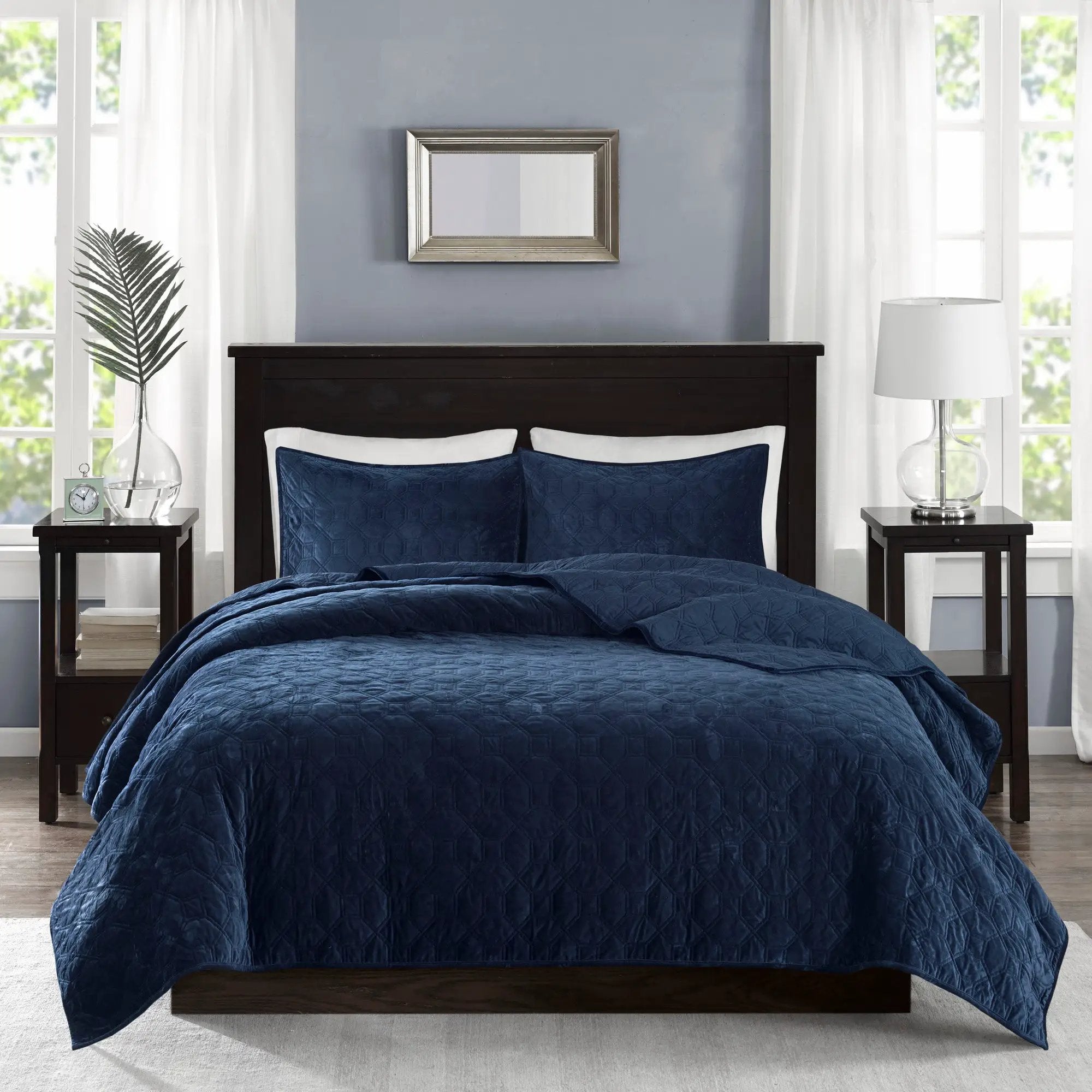 3 Piece Velvet Quilt Set Navy King/Cal King by HouseOfZazla