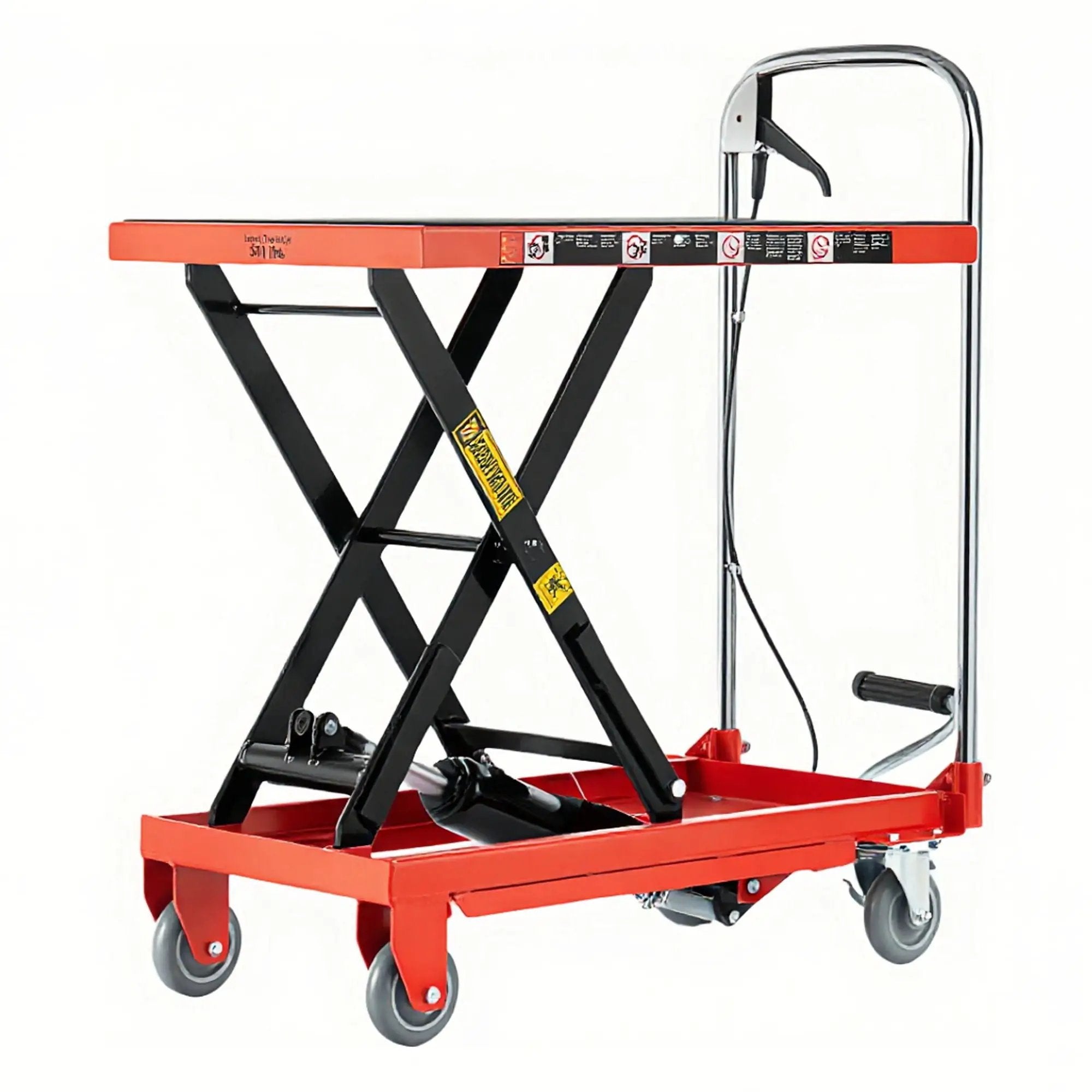 Hydraulic Lift Table Cart 500Lbs Load Red Single Scissor Lift With Non Slip Pads And Wheels - Red / Black by HouseOfZazla