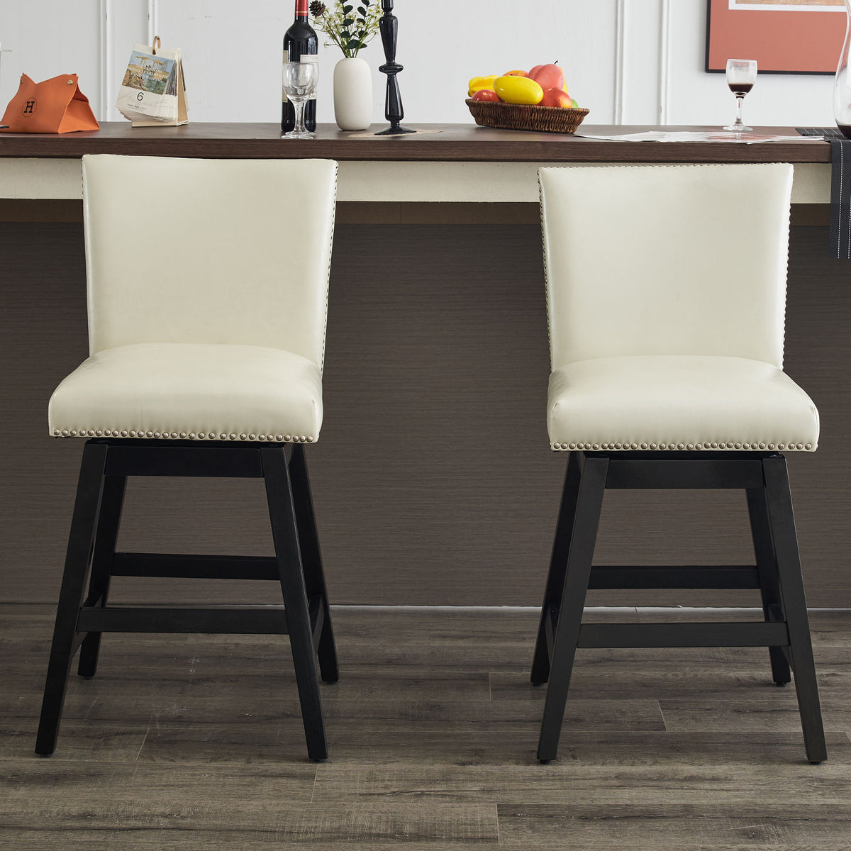 Upholstered Swivel Bar Stools High Back Set of 2 with 360° Swivel - Cream White, photo 5 of 7
